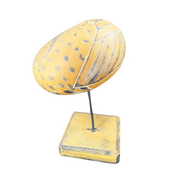 Peruvian Hand Carved Gourd On Wood Stand Leoncio Veli Peru Hand Made Sculpture - Picture 3 of 16